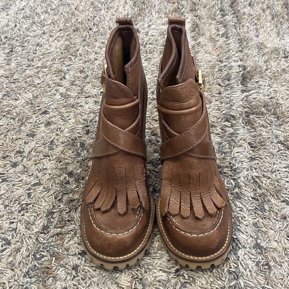 Tory Burch pebble Brown Leather Fringe Ankle heel Boots sz 10 - Picture 2 of 11